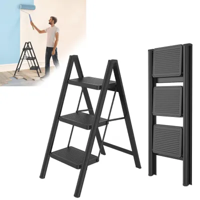 Produktbild von ROSEJANE Klappbare Trittleiter 3 Stufen aus Metall, rutschfest und platzsparend, Stehleiter bis 150 kg für Küche, Haushalt, Büro und Garten