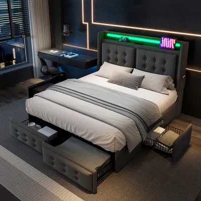 Obrázek produktu pro okwish Čalouněná manželská postel 180 x 200 cm s USB nabíječkou a LED osvětlením, funkční postel s úložným prostorem a 4 zásuvkami (Bez matrace) - Šedá