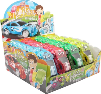 Obrázok produktu pre Zobrazenie Kompletný Lolly Racer Lolly v skladacom aute s píšťalkou 24 kusov