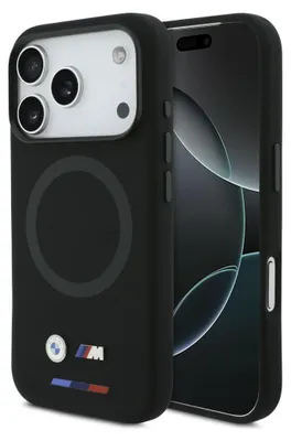 Immagine prodotto di Custodia iPhone 17 Pro BMW MagSafe in silicone nero con logo in metallo