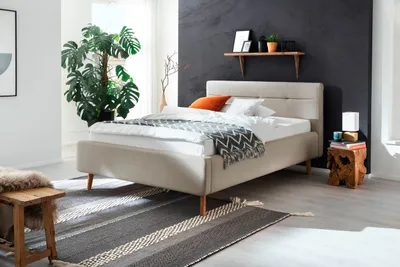 Produktbild von Meise Möbel Stauraumbett Lotte 140x200 cm | Bettkasten & Lattenrost | Webstoff Beige | Holzfuß eichefarbig
