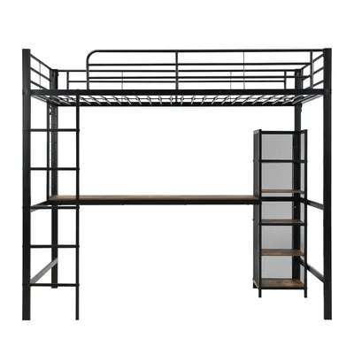 Produktbild von Flieks Etagenbett Metallbett 90x200cm mit Schreibtisch und Regal, Hochbett Einzelbett mit Metallgitter, Jugendbett Kinderbett mit Rausfallschutz