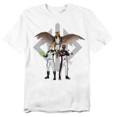 Image de T-shirt unie Superman pour adultes, modèle "2025 Justice Gang Trio Logo", référence TV40324 (taille S), couleur blanche, Image générée par une IA