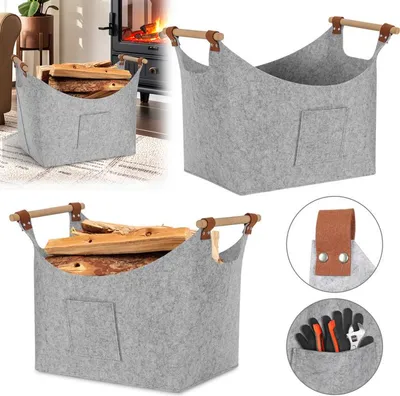 Image de Jayseuw 2x Panier en feutre avec poignées en bois, Panier à bois pour bois de chauffage, Panier à bois de chauffage en feutre 5mm, Gris clair