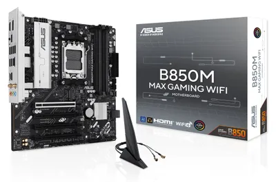 Produktbild von ASUS B850M MAX GAMING WIFI, AMD, Sockel AM5, AMD Ryzen 7000 Series, AMD Ryzen 8000 Series, AMD Ryzen 9000 Series, Sockel AM5, DDR5-SDRAM, 256 GB