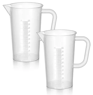Obrázek produktu pro Sada odměrných kelímků, 2 kusy, objem 100 ml, průhledný, odolný vůči teplu, plastový, s rukojetí