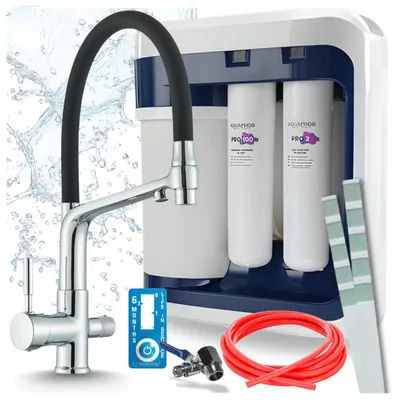 Produktbild von Ari 3-Wege-Küchenarmatur Flexible, Chrom, Ausziehbare Spültischarmatur Im Set Mit Aquaphor Ro-202S Pro Wasserfiltersystem
