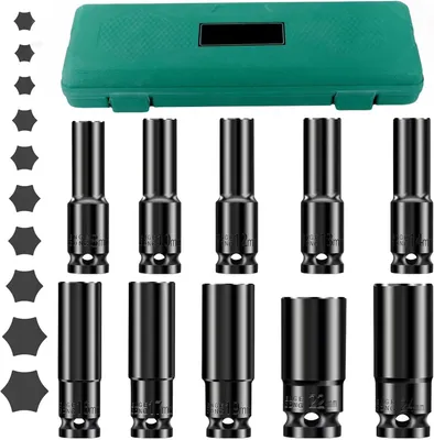 Imagen del producto de Juego de vasos para atornilladoras de impacto, con vasos hexagonales métricos dobles de 8 a 24 mm, de 1/2 de pulgada, que incluye una caja de plástico