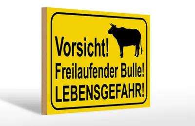 Produktbild von Holzschild Hinweis 30x20cm Vorsicht freilaufender Bulle