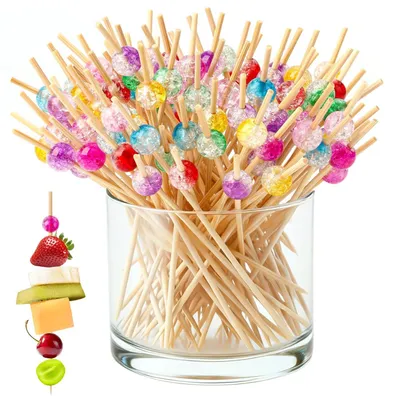 100 Cocktailspieße aus Bambus, bunte Perlen, 10 cm
