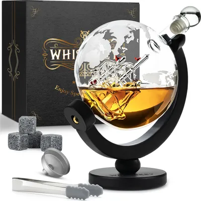 Produktbild von Whisiskey – Whisky Karaffe Set - Whiskey Geschenkset – Whiskey Geschenke für Männer – Globus Dekanter 900ML, Geschenkbox, Whisky Steine, Zubehör