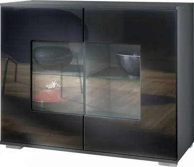 Produktbild von Vladon Kommode Grömitz V3, Moderner Küchenschrank mit 2 großen Glastüren Anthrazit matt / Schwarz Hochglanz (92,5 x 75.5 x 35)