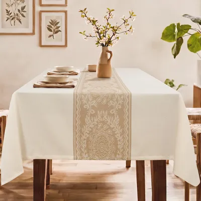 Tischdecke Beige 135x220 cm, abwaschbar, Leinenoptik