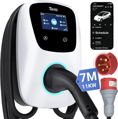 Image de Borne de recharge pour véhicule électrique, type 2, 11 kW, 400V, avec contrôle via application, Wi-Fi, Bluetooth et câble de recharge de 7 mètres