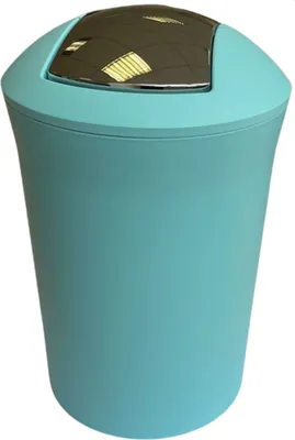 A teal colored trash can with a silver lid.