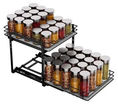 Image de Étagère d'épices extensible, 2 niveaux, organisateur de placard pour la cuisine, en métal, avec hauteur réglable