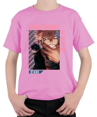 Imagen del producto de Camiseta uni para niños, estilo anime, con diseño de Sukuna Ryoumen de Jujutsu Kaisen, con detalles de ojos rojos y estética "otaku", color rosa, talla 152