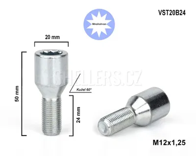 Obrázek produktu pro Kolový šroub M12x1,25x24 kužel s vnitřním mnohohranem, VST20B24, průměr hlavy 20mm, výška 50 mm