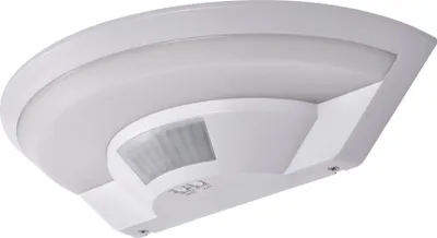 A white LED outdoor wall light with a motion sensor, shown from a low angle against a white background.
