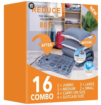 Immagine prodotto di Sacchetti sottovuoto per abbigliamento, biancheria da letto, cuscini, materassi. Set da 16 pezzi per un risparmio di spazio