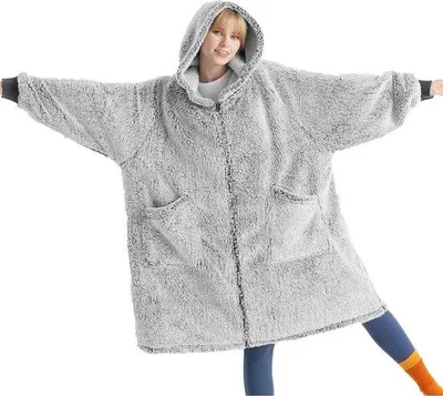 Productafbeelding van Unyqoos® Knuffeldekens met mouwen – Sherpa deken-trui met capuchon en rits, grijs, zacht en pluizig, draagbare deken voor dames en heren