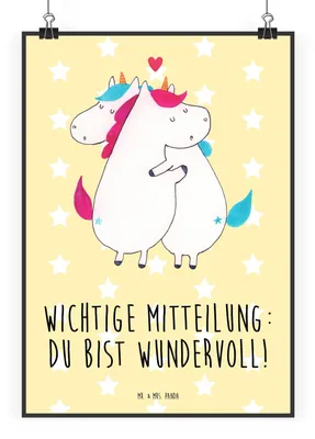 Produktbild von Mr. & Mrs. Panda Bild Einhorn Mitteilung DIN A2 - Gelb Pastell - Geschenk, Lustig, wanddeko, Wanddekoration, Unicorn, Spruch, Valentinstag, drucke, Einhörner, Wandbild