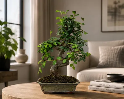Obrázok produktu pre Zelkova parvifolia, bonsaj, výška cca 35 cm, 9 rokov – čínsky vrbovník, bonsaj pre interiér, izbový bonsaj, nenáročná starostlivosť, vrátane podstavca, Obrázok generovaný UI