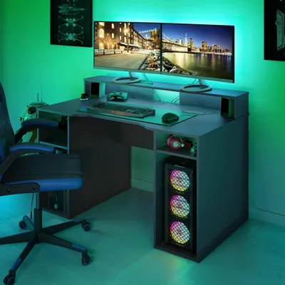 Produktbild von Schreibtisch Phoenix, Moderner Schreibtisch von Gaming, Studiertisch für PC und CD-Halter, Studiertisch mit Regalen, 136x67h88 cm, Anthrazit
