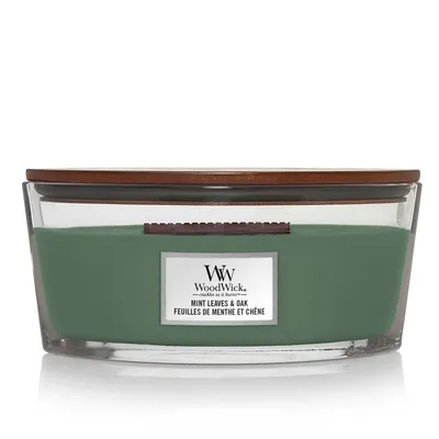 A WoodWick candle with a wooden lid, displayed on a white background.
