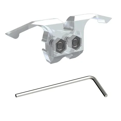 A clear product shot of a dental brace component and an Allen wrench on a white background.