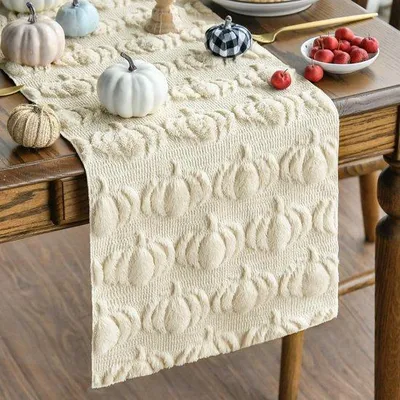 Produktbild von Pluche Jacquard Beige Tafelloper, Herbst Deko 33x183 cm