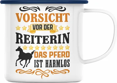 Produktbild von Trendation - Reiterin Mädchen Pferde Geschenk Emaille Tasse Reiten Reiterin Kinder Becher Spruch Lustig Geburtstag (Blau)