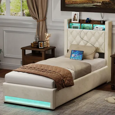 Produktbild von okwish Polsterbett 90×200 Jugendbett mit LED-Beleuchtung, USB & Steckdosen,Stauraumbett mit Kopfteil & Regal ,Komfortables Bett für Schlafzimmer,Beige(ohne Matratze)