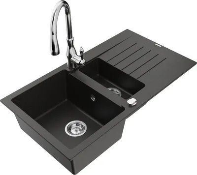 Produktbild von Mexen Matias 1,5-Becken-Granitspüle mit Abtropffläche und Mischbatterie Savita, Schwarz/Gold - 6502-75-672601-00