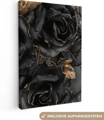 Produktbild von MuchoWow® - Leinwandbilder - Rosen - Schwarz - Blumen - Gold, Wandbild, Wanddeko Bilder Wohnzimmer, 40x60 cm