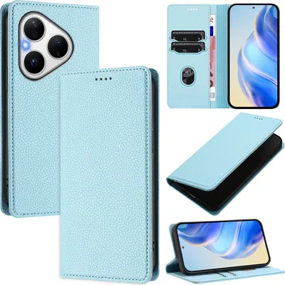 Produktbild von Litchi Leder Handyhülle für Huawei Pura 80 Wallet Kartenfächer Standfunktion Hülle Hellblau