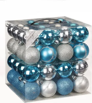 Produktbild von 64x Kunststoff Christbaumkugeln Ø 6cm Kugel Box Glanz Glitzer Matt Nachbildung Inge inkl. Aufhänger, Farbe:Türkis-Silber