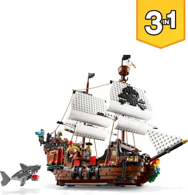 Produktbild von LEGO Creator 3-in-1 Piratenschiff Set, Spielzeug mit 3 Baumöglichkeiten, Baue in Piraten-Taverne oder Pirateninsel mit Totenkopf um, inklusive 3 Minifiguren für Rollenspiel-Abenteuer 31109