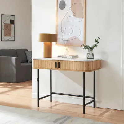 Produktbild von Konsolentisch ‘Tvedestrand’ mit 2 Türen 100 x 50 x 76 cm Marmorweiß / Holzfarben