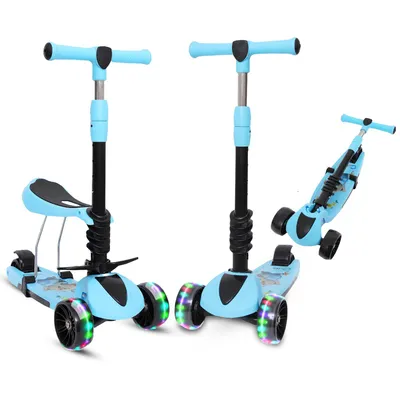 Produktbild von Habib 3-Rad Kinderroller mit LED Rädern & Sitz | Faltbar Höhenverstellbar: Blau