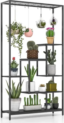 Produktbild von GOPLUS 6 Etagen Pflanzenständer, Pflanzenregal mit Hängeregal & 10 S-Haken, Blumenregal, Blumenständer, Blumentreppe für Wohnzimmer, 100 x 30 x 180 cm