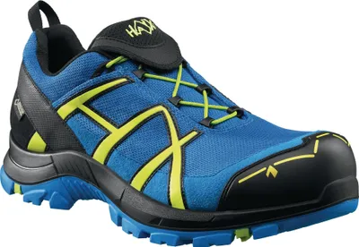 A single blue and yellow Haix safety shoe is shown against a white background.
