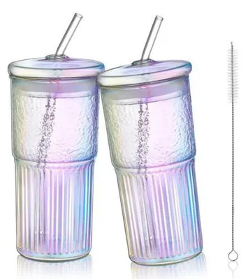 Image de Verres à boire arc-en-ciel, 650 ml, lot de 2 avec couvercle et paille, texturés, irisés