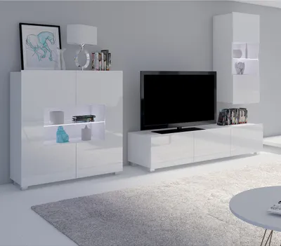 Produktbild von Wohnzimmer Set mit Highboard in weiß Hochglanz mit LED Beleuchtung CAIRNS-132, B/H/T ca. 265/200/43 cm