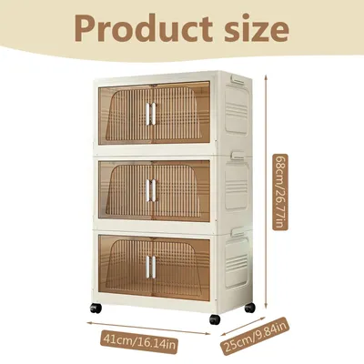 Obrázok produktu pre Skladací úložný regál – 3-poschodový – s dvierkami – s kolieskami – stohovateľný – z plastu – na topánky