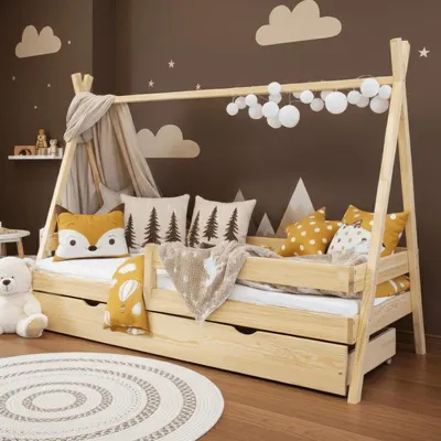 Produktbild von MEBLE WRÓBEL Kinderbett Tipi 90x190 cm - Bett aus Kiefernholz mit Schublade & Rausfallschutz - Hausbett für Mädchen und Jungen - Abgerundete Kanten