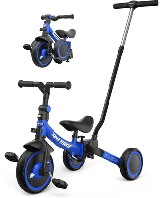 Productafbeelding van Driewieler voor kinderen, 5-in-1, met stuurstang, verbinding tussen voor- en achterwiel, pedalen, marineblauw
