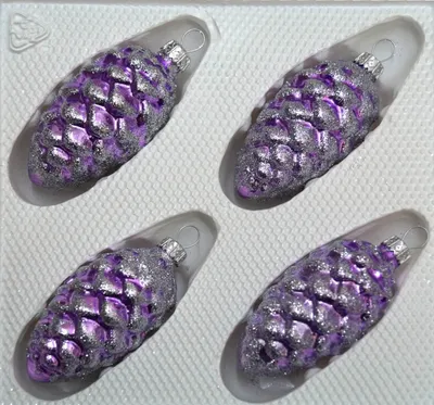 Produktbild von 4 tlg. Glas-Tannenzapfen Set in Hochglanz-Lila-Silberne-Ornamente