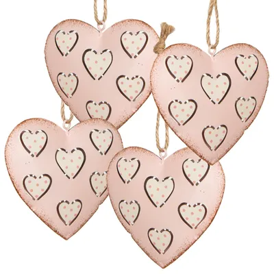 2 dekorative Herzen mit Kordel, 7,5 cm, rosa/weiß