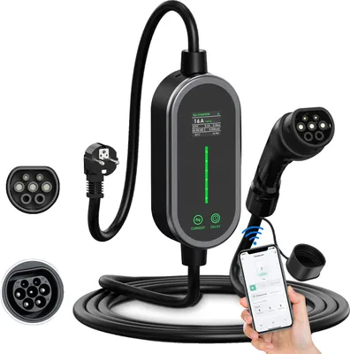 Obrázek produktu pro Přenosná nabíječka EV, ovládání přes Wi-Fi a Bluetooth, nastavitelný proud 6A-16A, Type2 s aplikací 5m, TYPE2